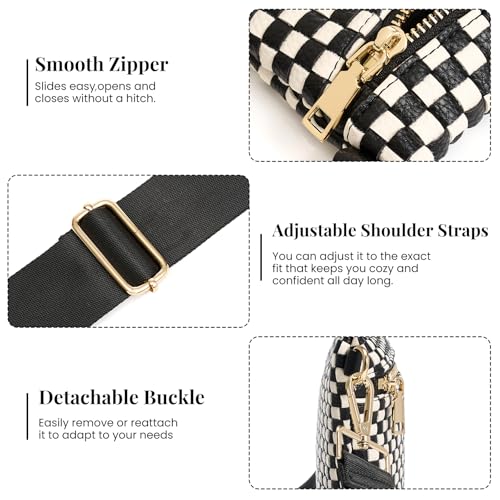 Image of Woven Crossbody Bags For Women, Checkered PU Waist Pack Travel Sling Bag | Adjustable Strap for Travel, Festivals, Beach Vacations, Dating & Daily Shopping(Black Checkered)