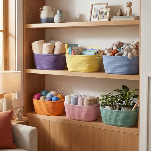 Image of Sawysine 6 Pcs Storage Baskets Bulk for Organizing Cotton Rope Woven Basket with Handles for Gift Cloth Shelves Blanket Toys Living Room(Morandi)