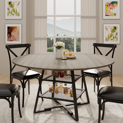 GarveeHome Round Dining Room Table Set for 4-6, Circle Kitchen Dining Table with Metal Base, Wooden Kitchen Tables with Storage Shelf, 42 Inch Circle Kitchen Table High Top, Grey