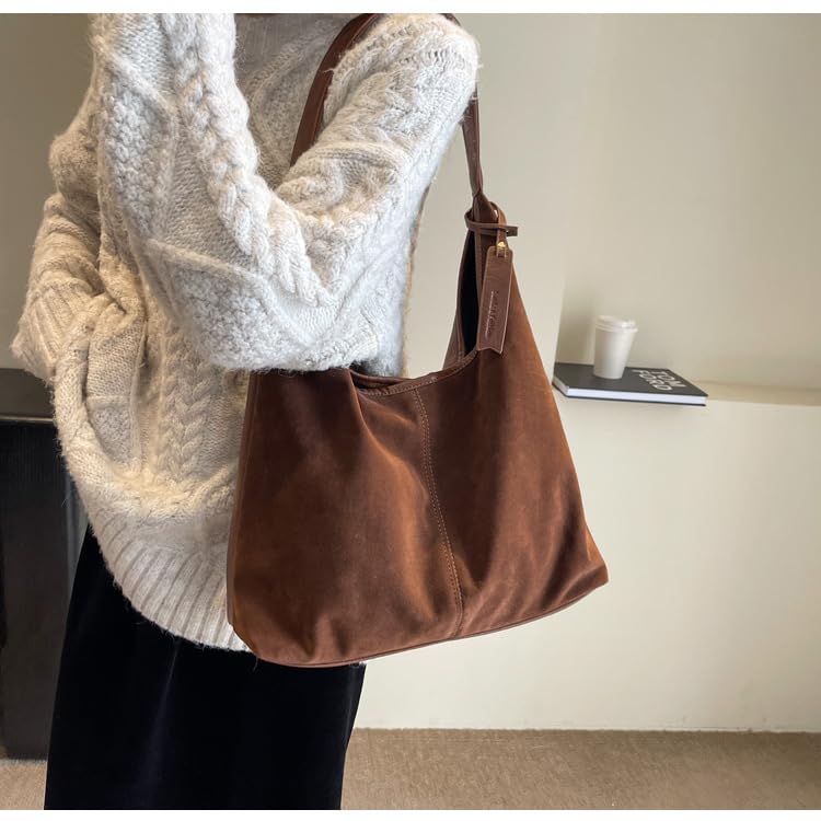 Image of Suede Bag Suede Tote Bag Brown Suede Shouder Purse Work Hobo Handbags Fall Aesthetics