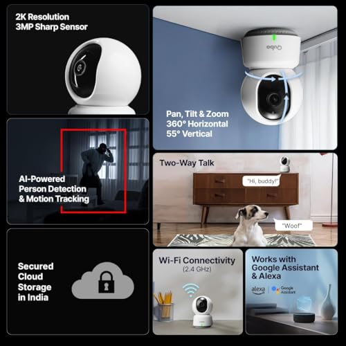 Qubo Smart 360° 3MP Wi-Fi [Free 6-Month Subscription] Security Camera | 2K Indoor CCTV Cam for Home | AI Person Detection | Automatic Alarm view 2