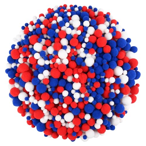 Qumenan 1200 Pieces 4 Sizes Red White Blue Pom Poms 4th of July Pompoms Balls Bulk for Holiday Patriotic Veterans Party Crafts Making DIY Miniature Decorations Supplies Accessories