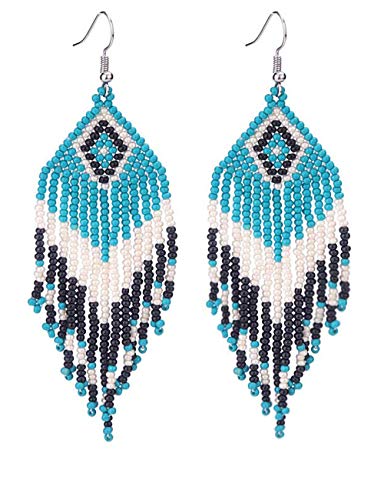 Native American Beaded Tassel Earrings with Fringe Seed Bead Boho for Women Long Dangle Beads Jewelry