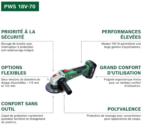 Bosch 18V System Cordless Angle Grinder PWS 18V-70 (for Small to Medium-Sized Cutting and Grinding Jobs; Grinding disc Diameter: 125mm) - 3