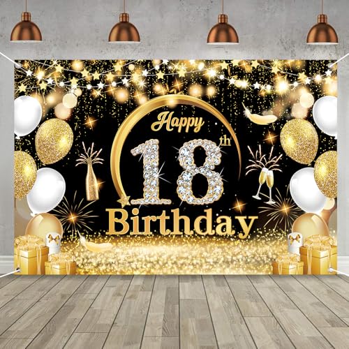 Fairymaiden Striscione 18 Anni Ragazzo Ragazza Oro Nero, Decorazioni 18 Anni Ragazzo Birthday Decorazione di Festa Oro Nero per “Happy Birthday” Poster Sfondo Boy Girl 150x100cm