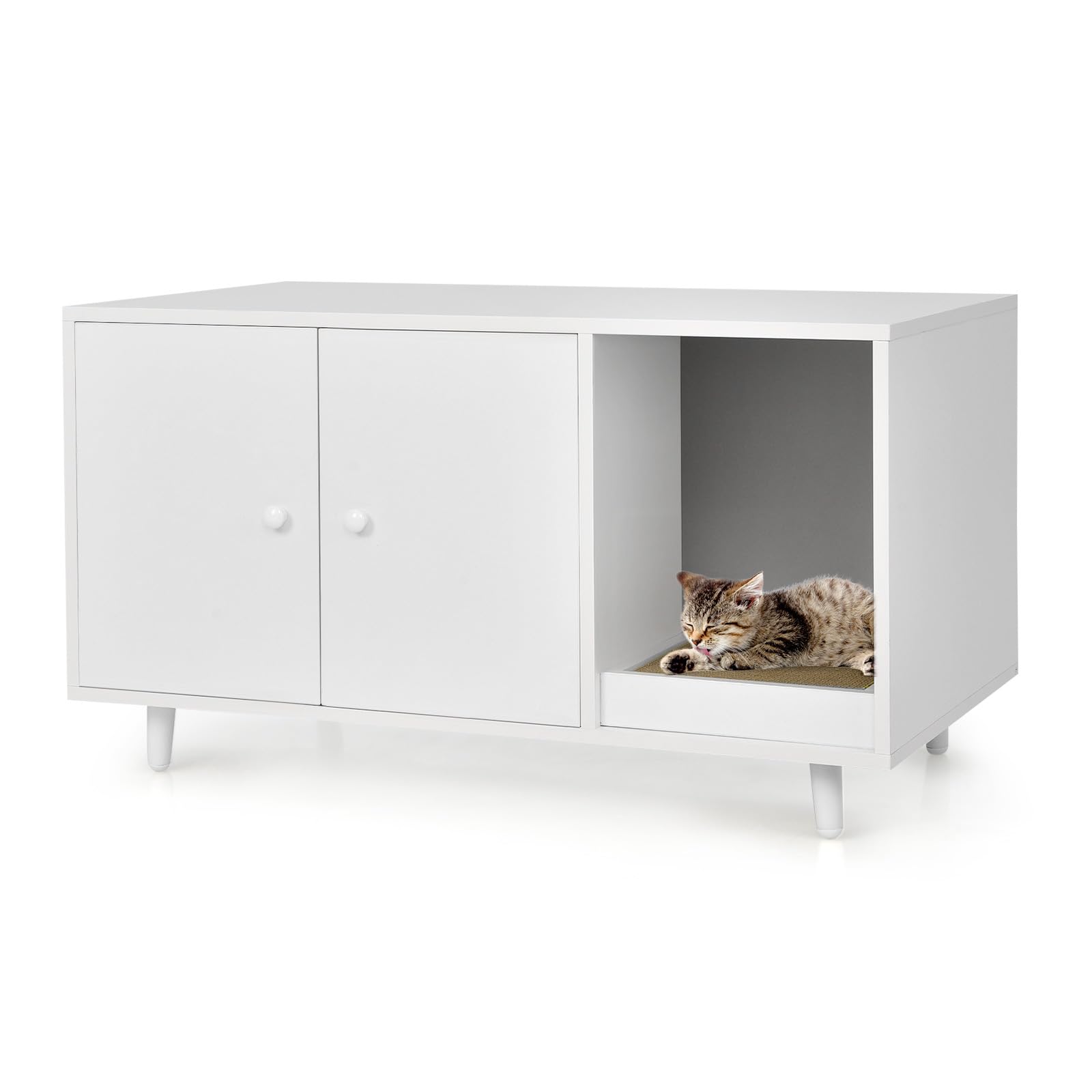 LIFEZEAL Armoire 2 en 1 pour Chat avec Griffoir, Table Basse avec Maison, 2 Portes et Pieds Relevés, Bac à Litière, Niche, Marron (Blanc)