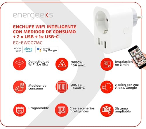 Energeeks - Enchufe WiFi Inteligente - Medidor de Consumo Integrado - 2 Puertos USB - 1 Puerto USB-C - Tipo Schuko - 2,4 Ghz - 16A/3680W - 240V/60Hz - App Móvil - Compatible con Alexa y Google - imagen 6