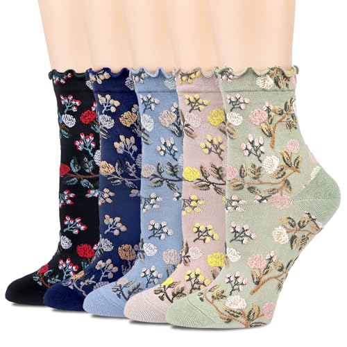 Womens Ruffle Crew Socks Vintage Patterned Ankle Casual Fashion Dress Sock Cute Lettuce Floral Socks 5/6 Pack