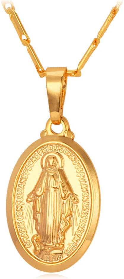 Miraculous Medal Necklace for Women, Virgin Mary Pendant Necklace Gold/Silver, Catholic Religious Jewellery Gift for Her, Our Lady of Graces Double-Sided Oval Medallion