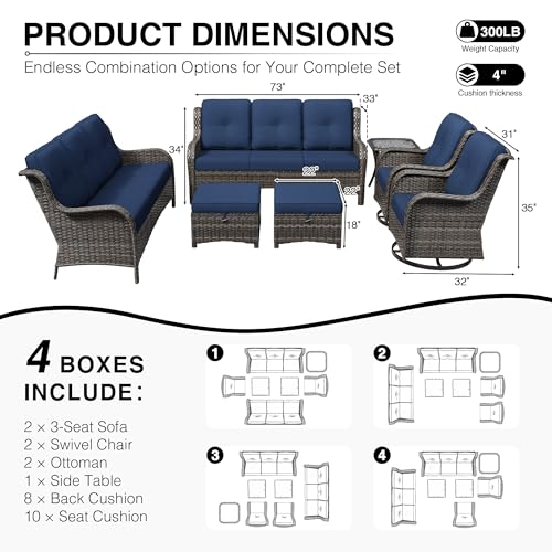 Image of Joyside 7 Piece Wicker Patio Furniture Set, Outdoor Swivel Rocker Patio Chairs with High Back, Deep Seating, Wide Armrest, Thickened Cushions, Outdoor Furniture for Deck, Porch Use