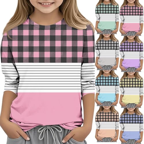 Girls 3/4 Sleeve T-Shirts Plaid Colorblock Patchwork Casual Loose Basic Crew Neck Summer Tops for Kids 3-14 Years2