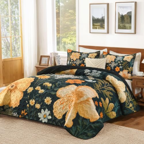 Image of Andency Floral Boho Queen Quilt Bedding Set Dark Green, 3 Pieces Farmhouse Flower Botanical Summer Bedspreads with 2 Shams, Soft Reversible Lightweight Polyester Coverlet Set for All Season, 90 inchx96 inch