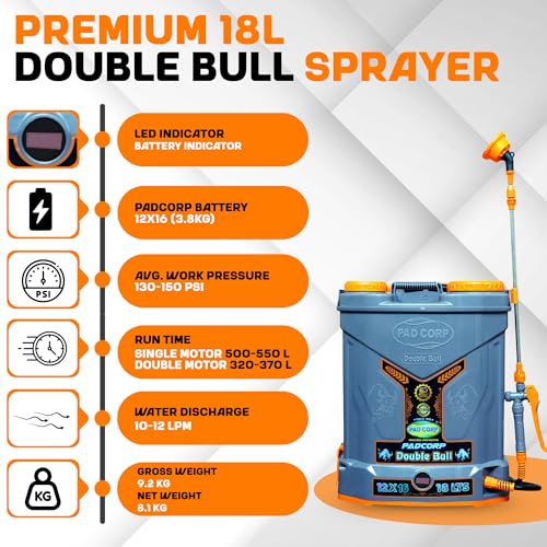 Image of PAD Corp Double Bull 12Vx16Ah Battery Sprayer with Double Motor High Pressure Spray Pump 18 Litre for Agricuture & Garden, 2AH Fast Charger with Digital Percentage Meter (1 Year Warranty)