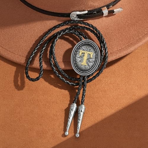 Image of HUABOLA CALYN Bolo tie for Men, Western Cowboy Golden Alphabet Initial Letter ABCDJMR to Y Costume Bolo ties Neckties