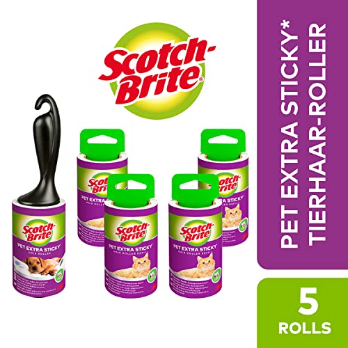 Scotch-Brite Pet Extra Sticky Fusselrolle für Tierhaare, 48 Blatt, 5 Rollen mit 1 Abroller, 240 Blatt pro Packung - Extra Klebrige Fusselrolle für Kleidung, Haare, Katzenhaare, Hundehaare