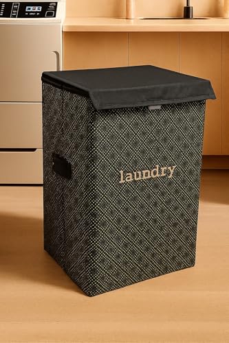Image of QUAIL 75L Foldable Laundry Basket with Lid for Clothes | Large Fabric Laundry Storage Bin with Handles | Waterproof, Collapsible Laundry Hamper for Bedroom, Bathroom & Home Use (Black Pattern Design)