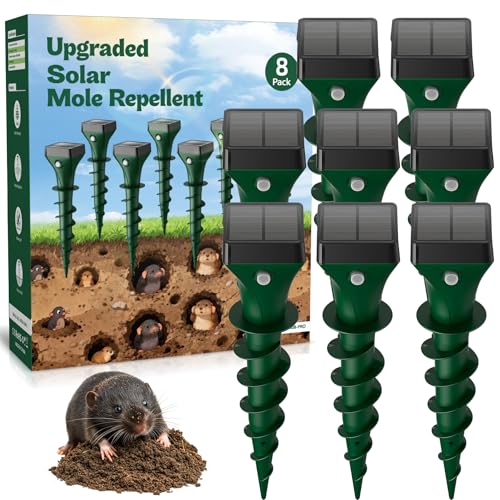 Mole Repellent Solar Powered 8 Pack Snake & Skunk Repellent for Yard Ultrasonic Mole Stakes for Lawns IP65 Waterproof Gopher Repellent to Get Rid of Gopher Vole Chipmunk and Groundhog for Farm