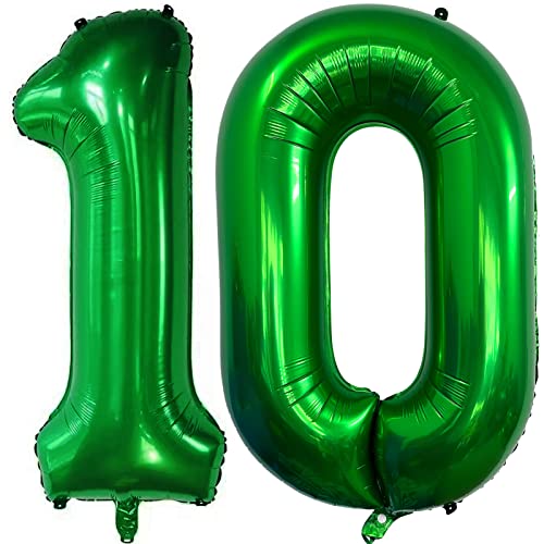Image of Number 10 Dark Green Balloons 40 Inch Giant Green 10 Numer Foil Helium Balloons for 10th Green Birthday Party Supplies 10th Anniversary Events Decorations
