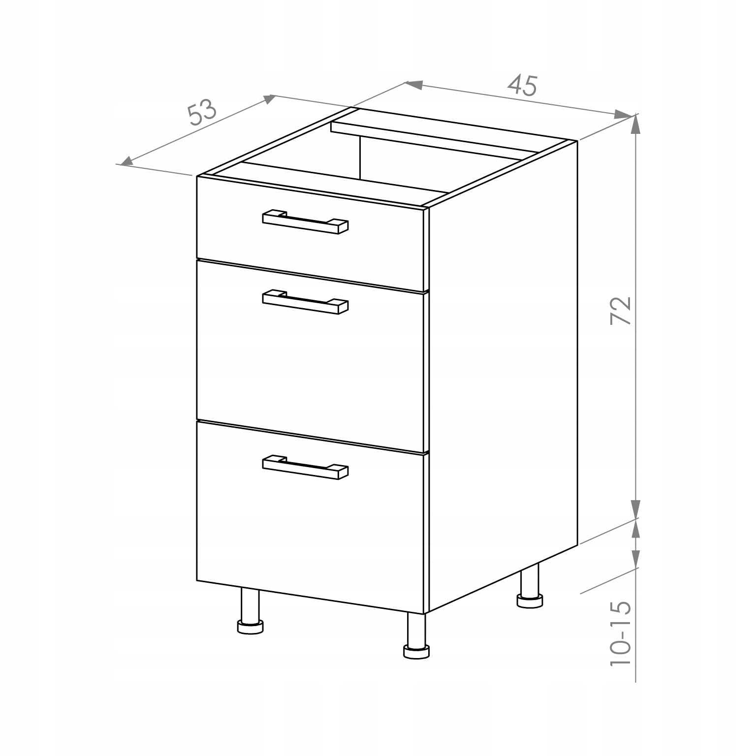 Unterbau-Küchenkorpus 45/82 zur Selbstmontage - 18 mm Möbelplatte - mit höhenverstellbaren Füßen - Maße 45x72x50,8 cm -mit Bohrungen für Blum/Metabox/GTV Schubladen - Weiß
