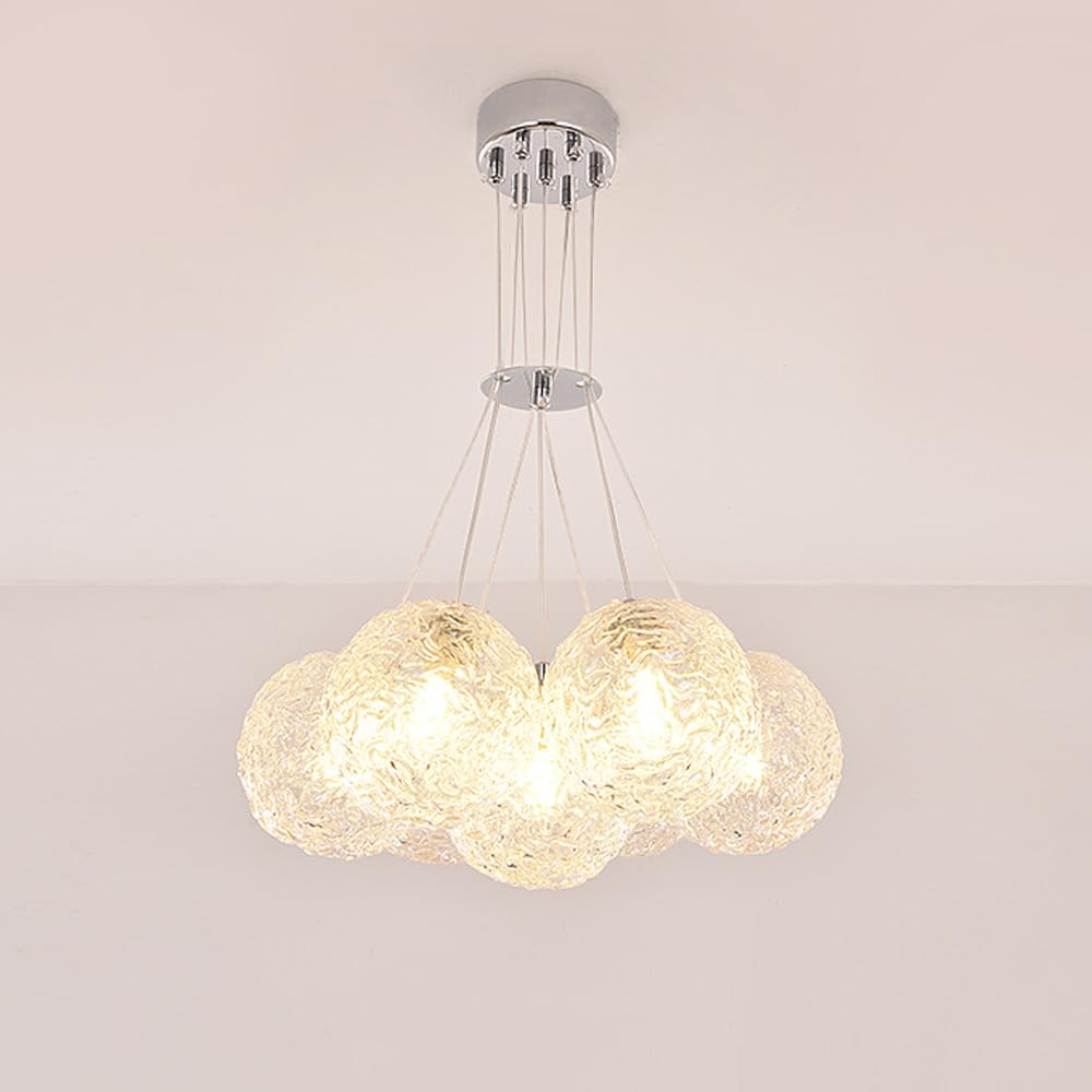 SWEMOPP 7-Light Cluster Ribbed Glass Bubble Chandelier Clear Glass Cluster Ceiling Hanging Lamp Silver Nordic Modern Pendant Light Entryway Chandelier