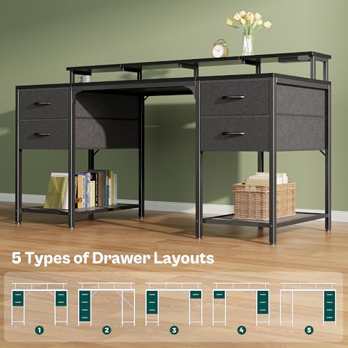 Image of Huuger 63 inch Computer Desk with 4 Drawers, Gaming Desk with LED Lights & Power Outlets, Home Office Desk with Large Storage Space for Bedroom, Work from Home, Black