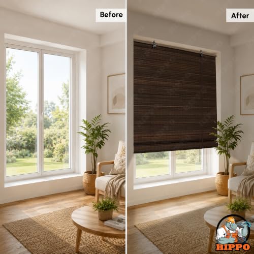 Image of HIPPO Bamboo Curtains - W-4FTXH-5FT Rope Mechanism Roll Up Down Indoor Bamboo Shade for Sun & Dust Protection for Home Window, Balcony, Restaurant, Hotel, Resort (Dark-Coffee)