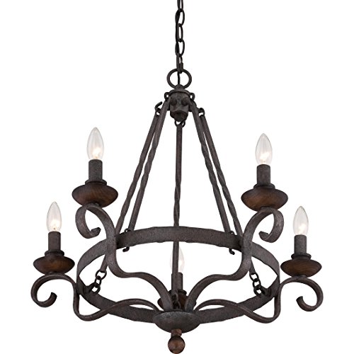 Image of Quoizel Noble 24 inch Candle-Style Chandelier, 5-Light, Rustic Black | Solid Wood Accents, European Style, Adjustable Height Up To 78 inch