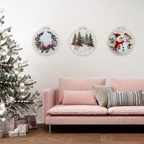 Image of LB Red Christmas Embroidery Kit for Beginners Adults, 3 Sets Hand Embroidery Starter Kit with Cute Snowman and Instructions Stamped Cross Stitch Kits Include Embroidery Hoop Needles Threads Scissors