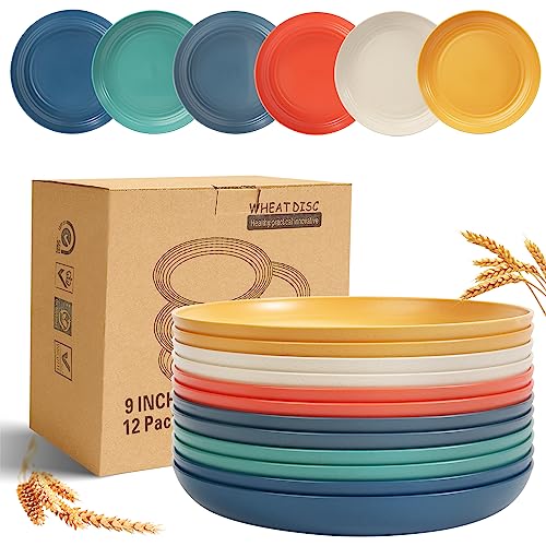 Oamceg 12 Pack Plastic Plates Reusable 9 Inches Unbreakable Eco-Friendly Lightweight Wheat Straw Plates, Salad Plates, Camping Plates, Dinner Plates, Dishwasher & Microwave Safe, Bpa Free #TOP10
