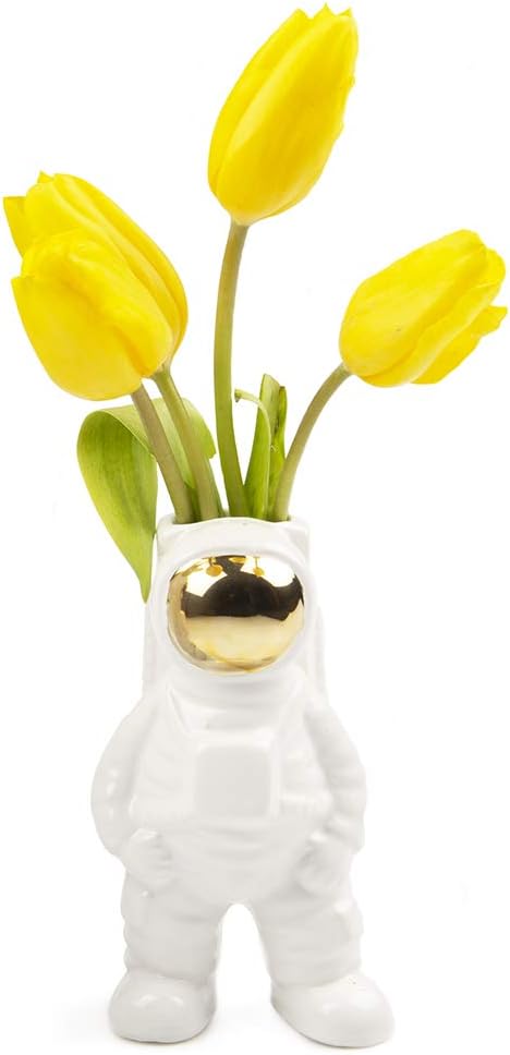 CHIVE - Astronaut Shape Vase, Planter Simple Modern Flower Bud Vase, White and Gold (Medium)