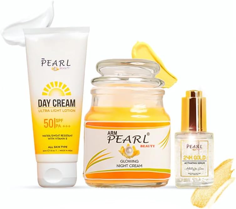 A. R. M pearlbeauty ARM Pearl Beauty Day Cream With SPF 50 Suitabe For All Skin Types, 24K Gold Activating Serum, Glowing Night Cream Combo Offer | Set Of 3