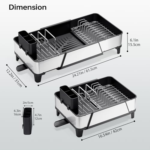 Image of Urackify Large Dish Drying Rack - Triple Expandable Dish Rack for Kitchen Counter, Stainless Steel Sink Organization and Storage Essentials with Utensil & Pans Holder for Home and Appartment, Black