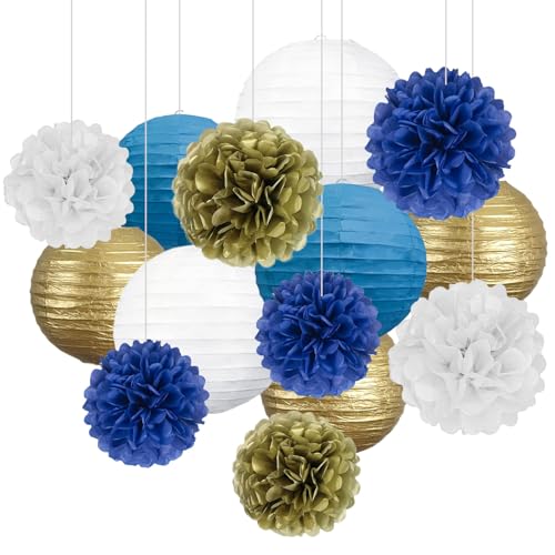 Image of 18 PCS Blue White Gold Paper Lanterns & Tissue Paper Pom Poms for Men's Birthday, Graduation 2026, Wedding, Hanging Paper Party Decoration Set for Indoor Outdoor Events Theme Party Supplies