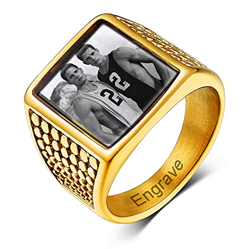 Custom4U Personalized Rings with Pictures Inside Custom Photo Ring Name Engraving Stainless Steel Signet Ring/Heart Ring Size 7-14 Customized Memorial Jewelry for Men Women (Gift Box) C-Squa
