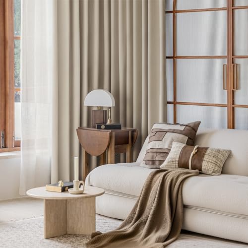 Image of FMFUNCTEX 100% Blackout Curtains for Bedroom, Khaki Curtains 84 Inches Long Textured Thermal Insulated Curtains for Living Room Drapes, Black Out Drapery Grommet Room Darkening 2 Panels