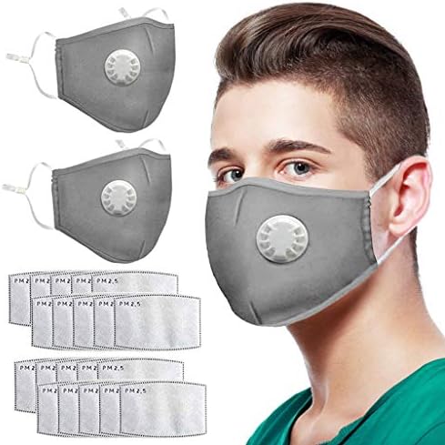 Reusable Face Bandanas, with Breathing valve for Adults, Haze Dust Face Health (2pcs+20pcs Pad, Gray)