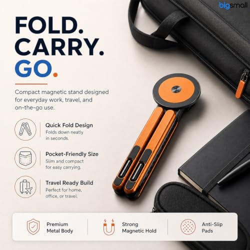 Image of Bigsmall Adjustable Foldable Laptop Stand with Magnetic Phone Holder - Anti-Slip Aluminium Alloy Stand for Laptop, Tablet & Mobile (4-16 Inch Compatible, Portable & Lightweight) (Orange Pack of 1)
