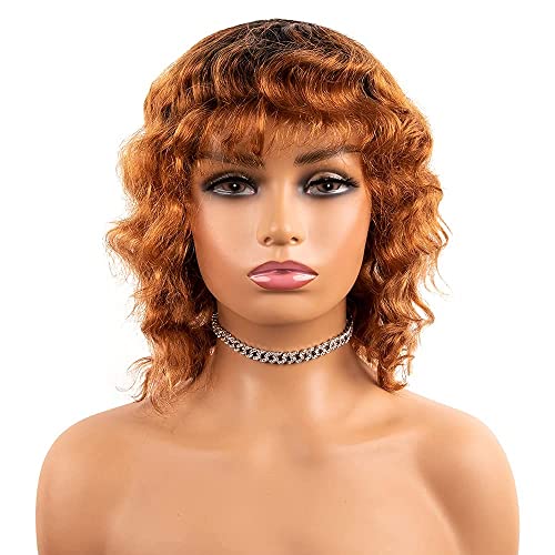 iShine Short Wavy Wigs with Bangs 100% Human Hair Wig for Women Wavy Bob Curly Wig Dark Roots Brown Wig 12 Inch Loose Curly Wig-( Black to Orange #OT30 )