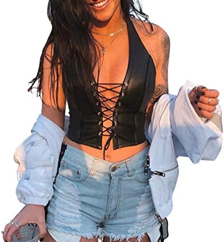 FlyCC Women's Adjustable Spaghetti Straps PU Leather Bustier Crop Tube Top, Black a, Small