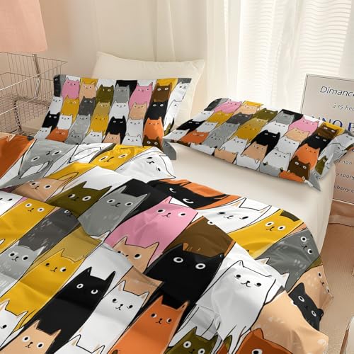 Juego de funda de edredón para cuna, estampado geométrico de gatos, microfibra cepillada suave, funda de edredón con fundas de almohada, juego de edredón reversible de fácil cuidado para adolescentes