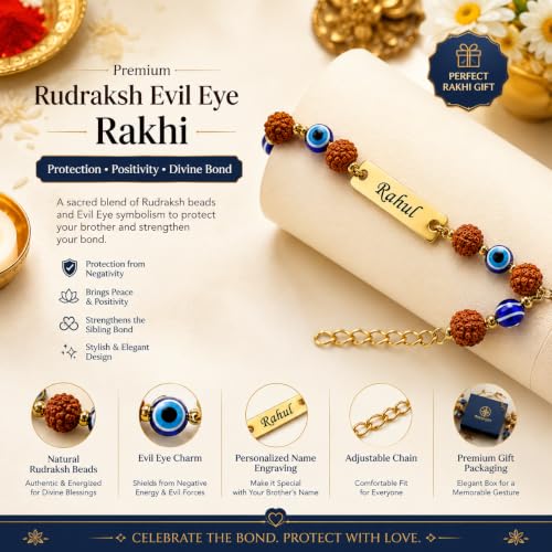 Image of Unisex-Adult Customized Name Rakhi For Brother | Rudraksha Beads, Custom Name Engraving, Adjustable Fit