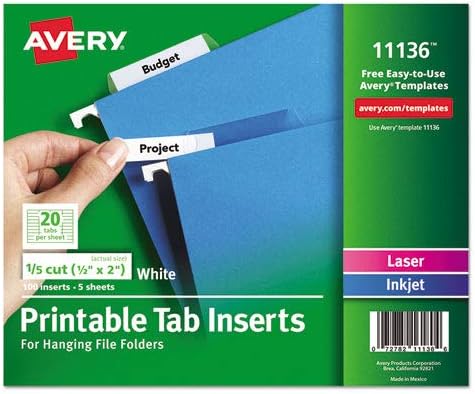 Avery Laser/Inkjet Inserts For Hanging File Folders INSERT,1/5CUT,F/TABS,1C 6R1176 (Pack of50)