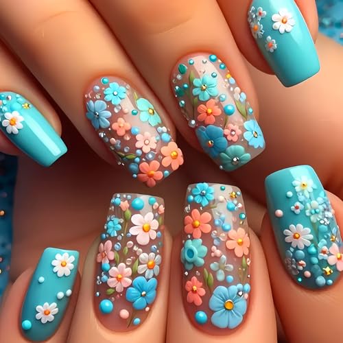 24 PCS Press on Nails Medium Square Nail Relief Mixed Color Flowe...