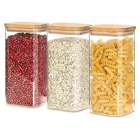 50oz Glass Food Storage Jars with Bamboo Lids, Clear Square Airtight Kitchen Storage Container Sets, Stackable Glass Pantry Food Canisters for kitchen Counter, Candy, Cookie, Rice, Cereal(Set of 3) Cover