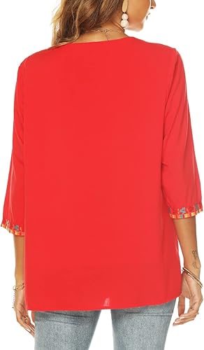 Miniatura 5 de LauraKlein Blusa de verano para mujer, estilo bohemio, bordado, estilo mexicano, bohemio, cuello en V, manga 34, casual, holgada, túnica