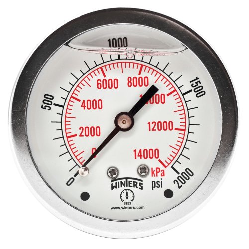 Image of Winters 2-1 /2 inch Dial Size, Liquid Filled Industrial Pressure Gauge, Brass Internals, Stainless Steel Case, Dual Scale 0-2,000 psi /kPa, 1.5% Acc, 1 /4 inch NPT Back Mount, Glycerin Filled Pressure Gauge