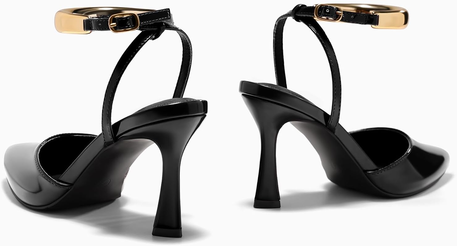 Coutgo Womens Strappy High Heels Closed Pointed Toe Pumps Ankle Strap Metal Party Dress Shoes - Image 5