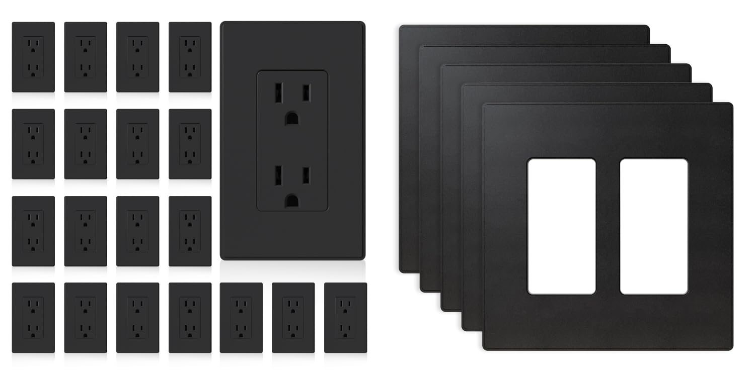 ELEGRP Matte Black Standard Decorator Electrical Wall Receptacle Outlet with 1 Gang Screwless Decorative Wall Plates 20 Pack & 2 Gang Mid Size Screwless Decorative Wall Plates 5 Pack, UL Listed