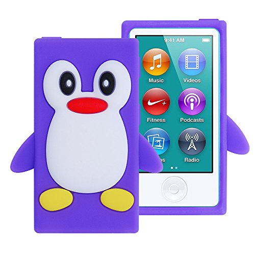 FiveBox 3D Penguin Soft Silicone Rubber Skin Case Cover for Apple iPod Nano 7 8 7th 8th Generation 7G 16GB(Purple)