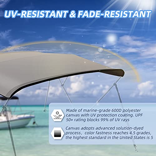 Zenicham 3 Bow Fade And Crack Resistant Bimini Top Replacement Cover, 600D Marine Grade Polyester Waterproof Sun Shade Boat Canopy, Easy Install Zipper Sleeves Boat Awning, Grey 6'L 67"-72" W #TOP3